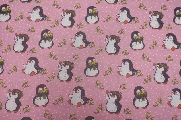 Ранфорс (поплин LUX) 240 см, Пингвины на розовом фоне (АКЦИЯ) 1