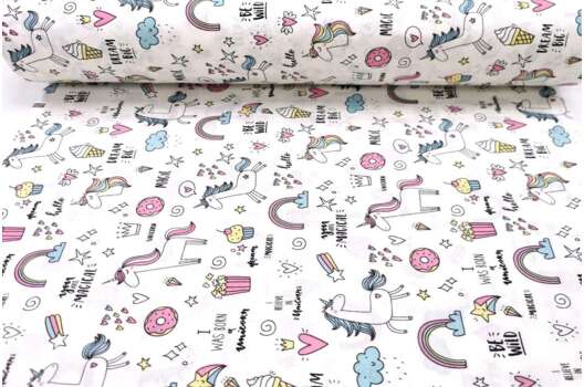 Ранфорс (поплин LUX) 240 см, Единорожки и вкусняшки бирюзово-розовые на белом