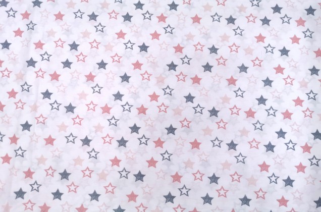 Ранфорс (поплин LUX) 240 см, Серые и розовые звездочки на белом фоне 1
