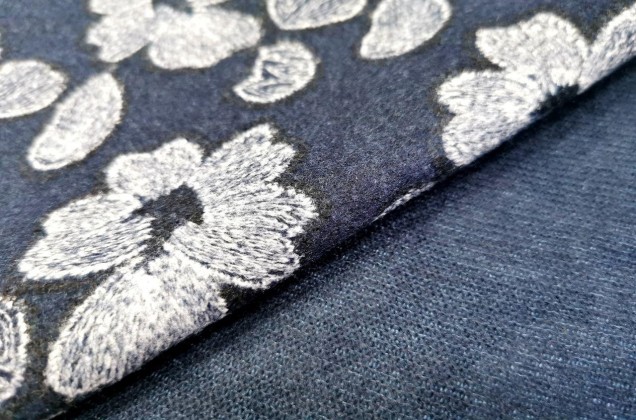 Пальтовая ткань с вышивкой Цветы, темно-синий 3