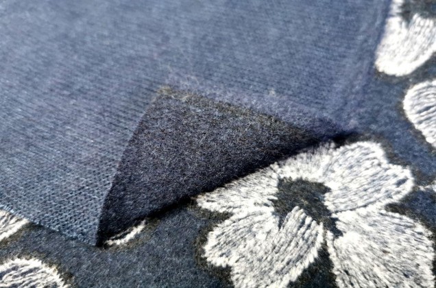 Пальтовая ткань с вышивкой Цветы, темно-синий 1