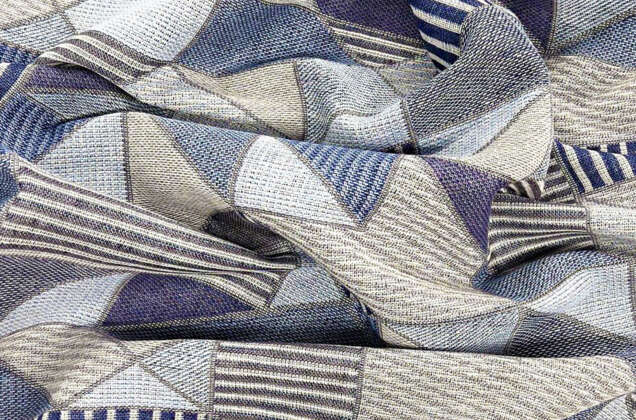 Лен декоративный, синие геометрические узоры